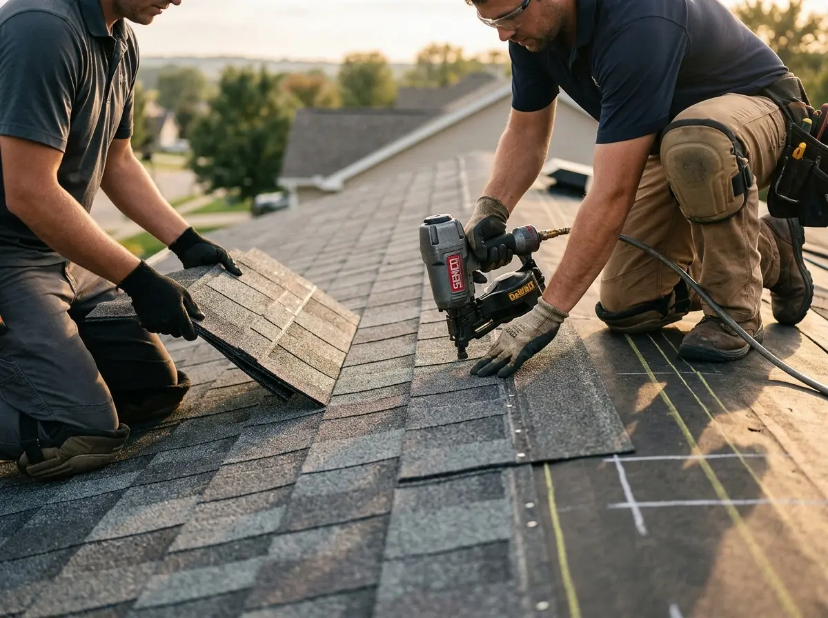 Professional roofer working on a residential roof in Rensselaer